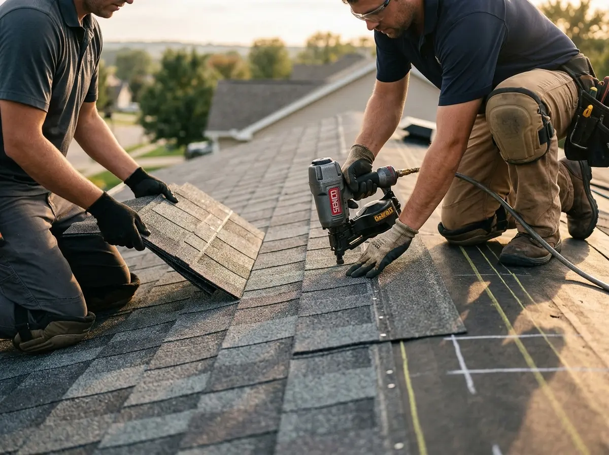 Professional roofer working on a residential roof in Rancho Cucamonga